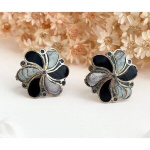 Pinwheel Abalone & Onyx Sterling Silver Taxco Mexico Stud Screw Back Earrings